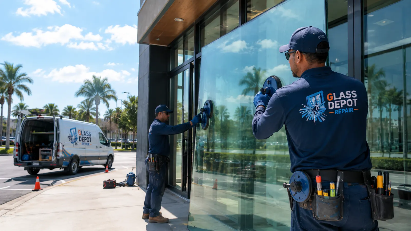 Glass Depot Repair technicians installing commercial storefront glass in Clearwater FL