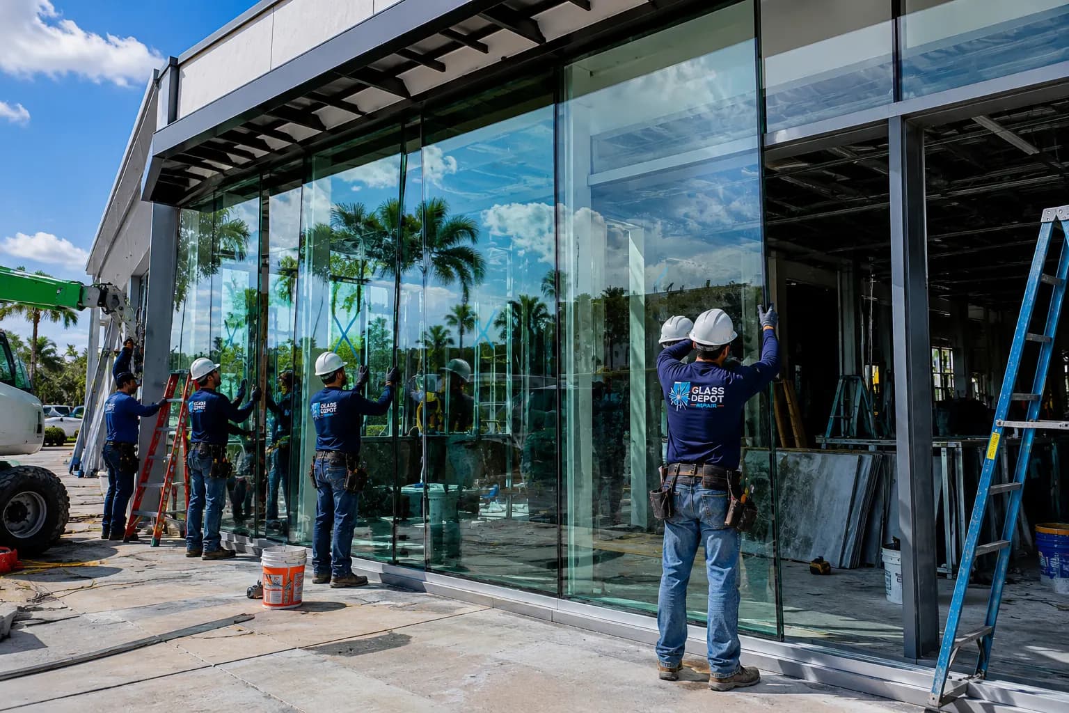 Glass Depot Repair crew installing commercial storefront glass panels in Tampa Bay